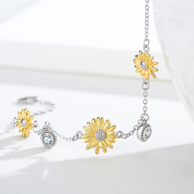 Sterling Silver Two-tone Sunflower & 5A Grade Austria Zircon Pendant Bracelet-6