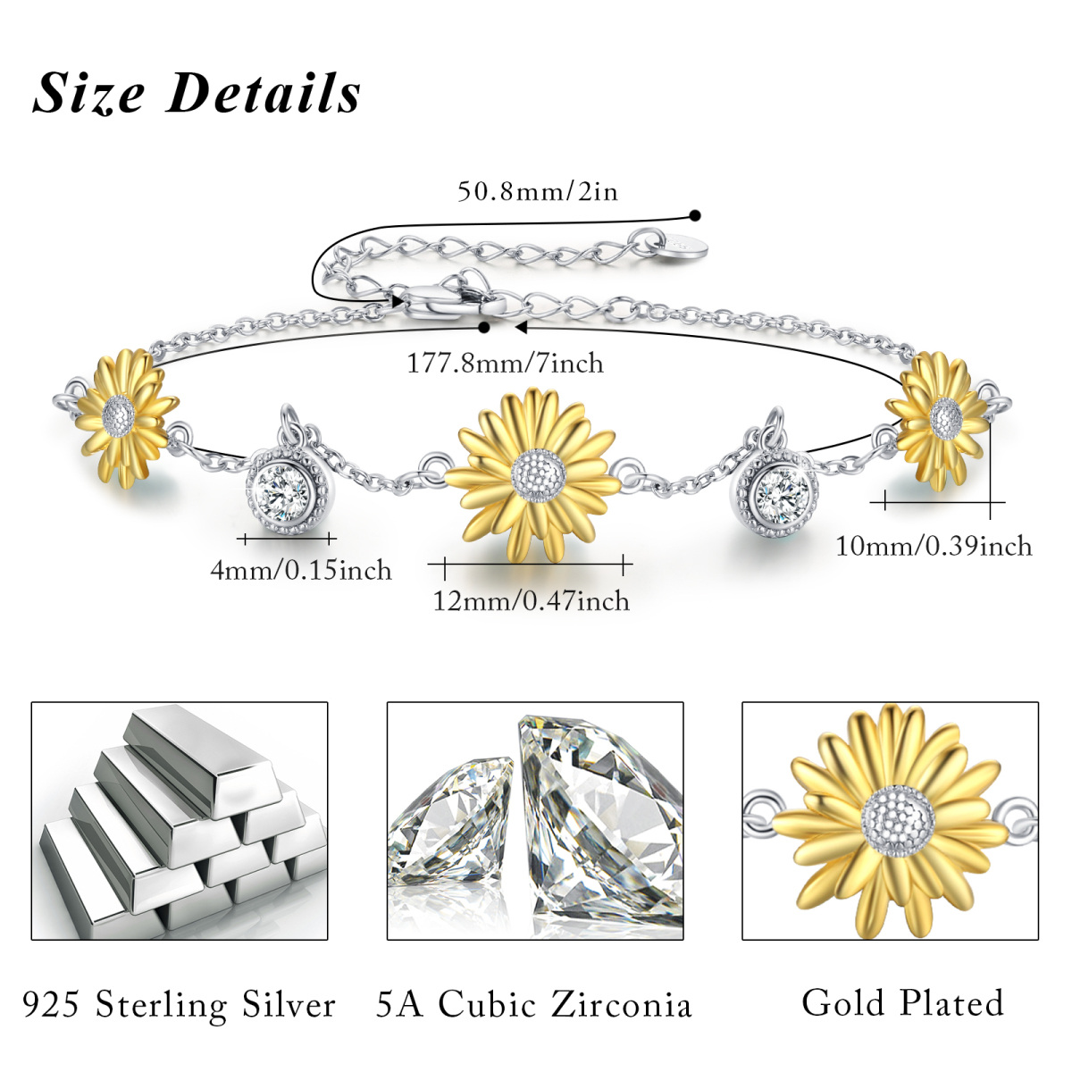 Sterling Silver Two-tone Sunflower & 5A Grade Austria Zircon Charm Bracelet-8