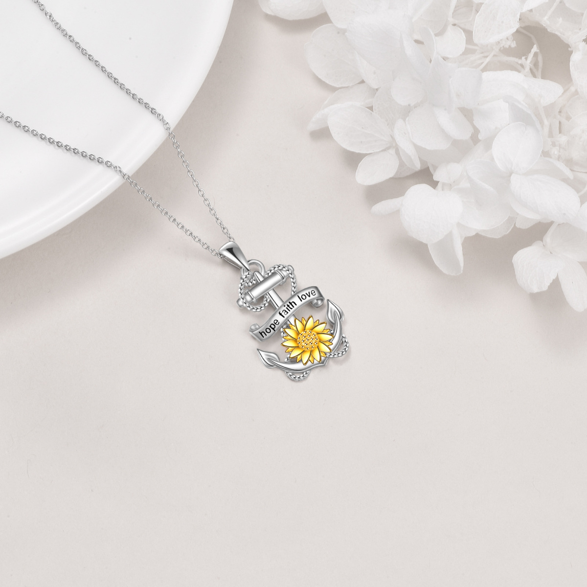 Sterling Silver Two-tone Sunflower & Anchor Pendant Necklace with Engraved Word-4