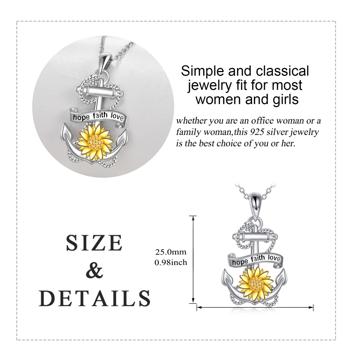 Sterling Silver Two-tone Sunflower & Anchor Pendant Necklace with Engraved Word-5