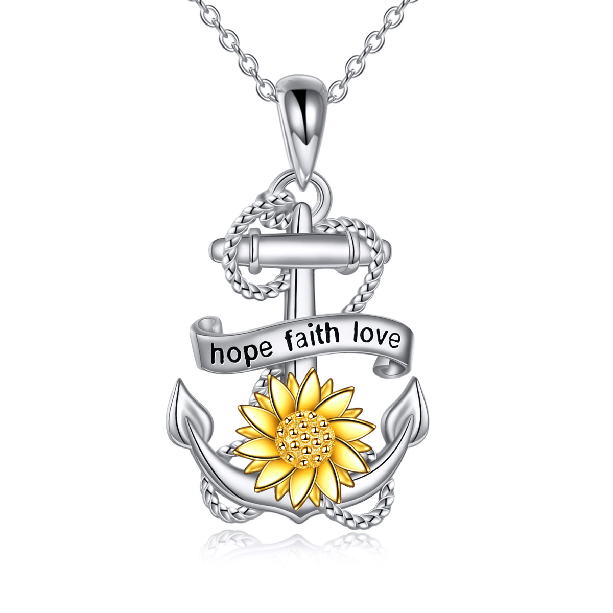 Sterling Silver Two-tone Sunflower & Anchor Pendant Necklace with Engraved Word-1