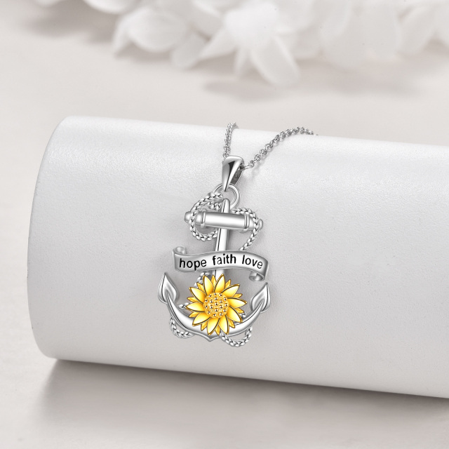 Sterling Silver Two-tone Sunflower & Anchor Pendant Necklace with Engraved Word-3