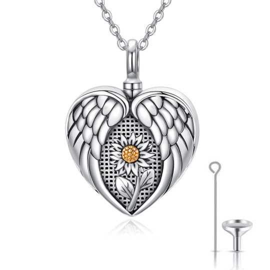 Collana d'argento bicolore con girasole e ala d'angelo per le ceneri