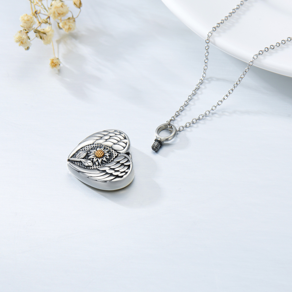 Sterling Silver Two-tone Sunflower & Angel Wing Urn Necklace for Ashes-4