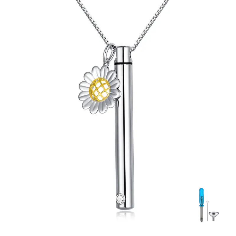 Sterling Silver Two-tone Cubic Zirconia Sunflower & Bar Urn Necklace for Ashes-18