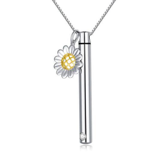 Collana in argento sterling bicolore con girasole e barretta per urna per le ceneri