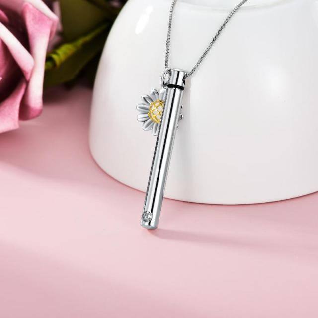 Sterling Silver Two-tone Cubic Zirconia Sunflower & Bar Urn Necklace for Ashes-3