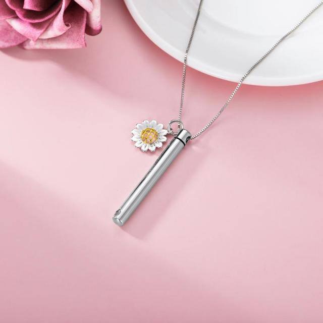 Sterling Silver Two-tone Cubic Zirconia Sunflower & Bar Urn Necklace for Ashes-4