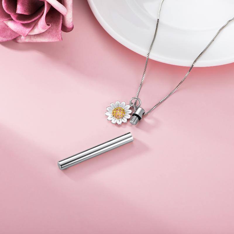 Sterling zilveren tweekleurige kubieke zirkonia zonnebloem urn ketting voor as-5
