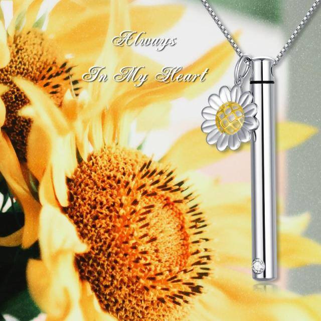 Sterling Silver Two-tone Cubic Zirconia Sunflower & Bar Urn Necklace for Ashes-7