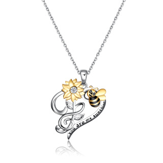 Sterling Silver Two-tone Sunflower Bee & Heart Pendant Necklace with Engraved Word-59