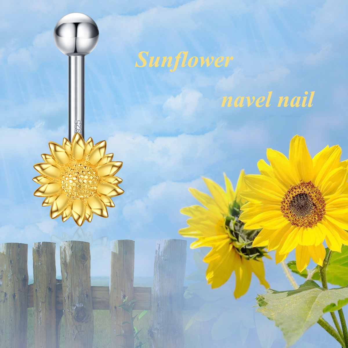 Sterling Silver Two-tone Sunflower Belly Button Ring-6