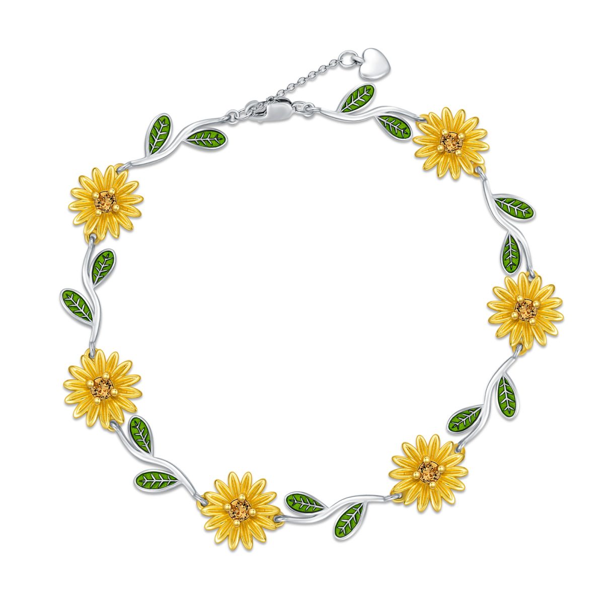 Sterling Silver Two-tone Sunflower Branch Charm Bracelet-1