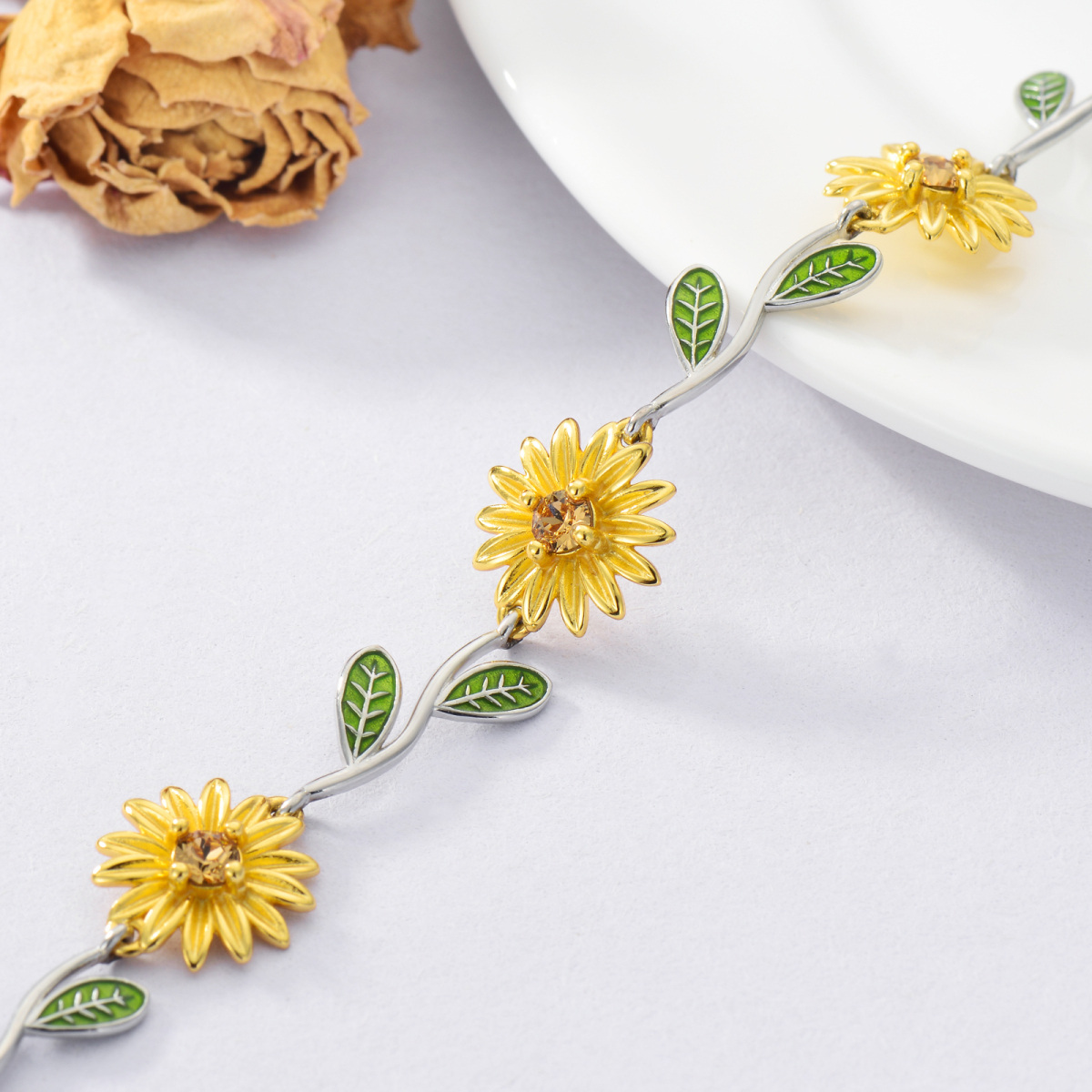 Sterling Silver Two-tone Sunflower Branch Charm Bracelet-3