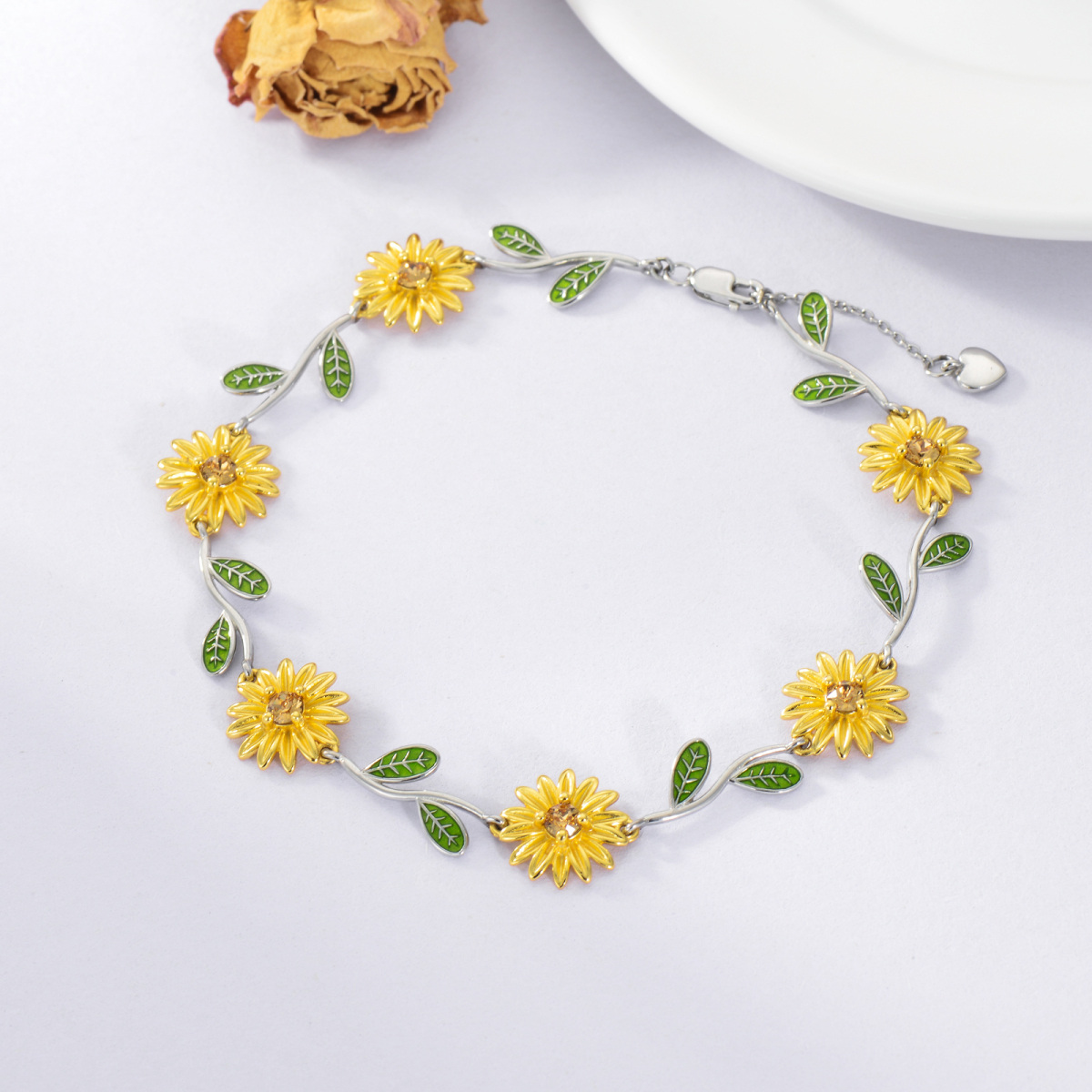 Sterling Silver Two-tone Sunflower Branch Charm Bracelet-4