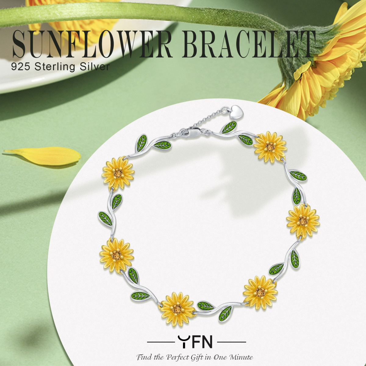 Sterling Silver Two-tone Sunflower Branch Charm Bracelet-6