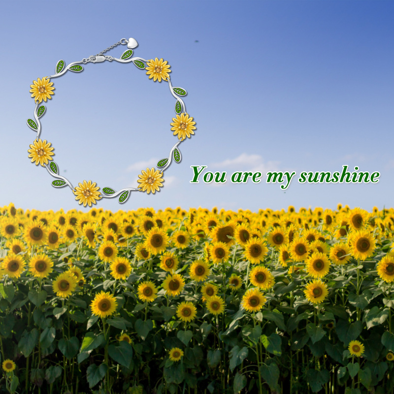 Bracciale bicolore con ciondolo a forma di ramo di girasole in argento sterling-7