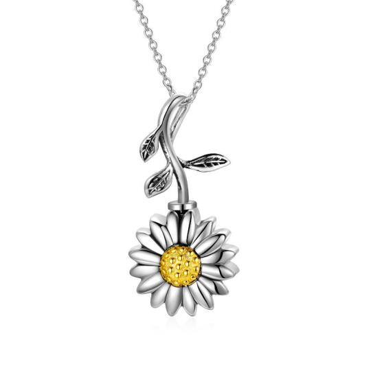 Collier d'urne pour cendres en argent sterling bicolore avec branches de tournesol