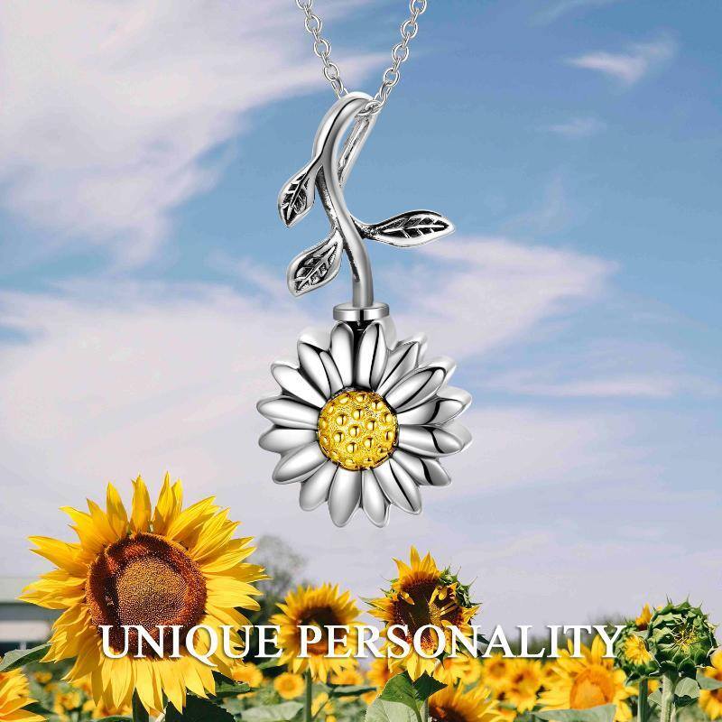 Sterling Silver Two-tone Sunflower Branch Urn Necklace for Ashes-3