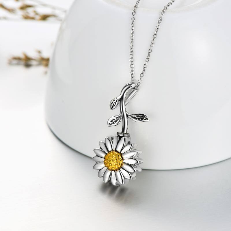 Sterling Silver Two-tone Sunflower Branch Urn Necklace for Ashes-4