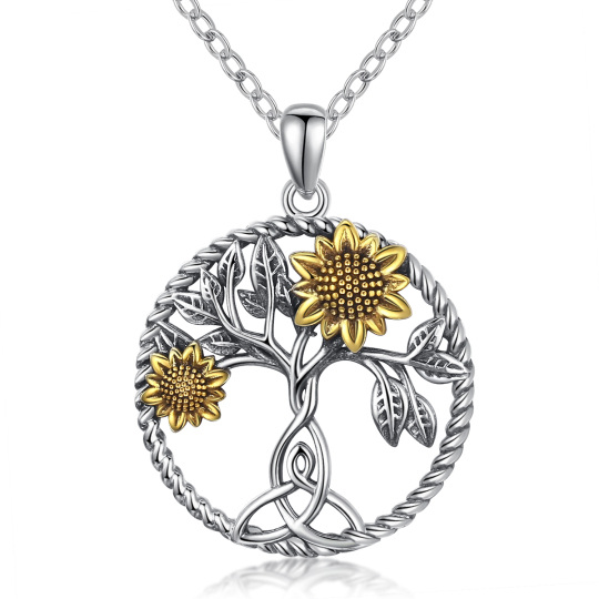 Collier en argent sterling avec pendentif tournesol et nœud celtique bicolore