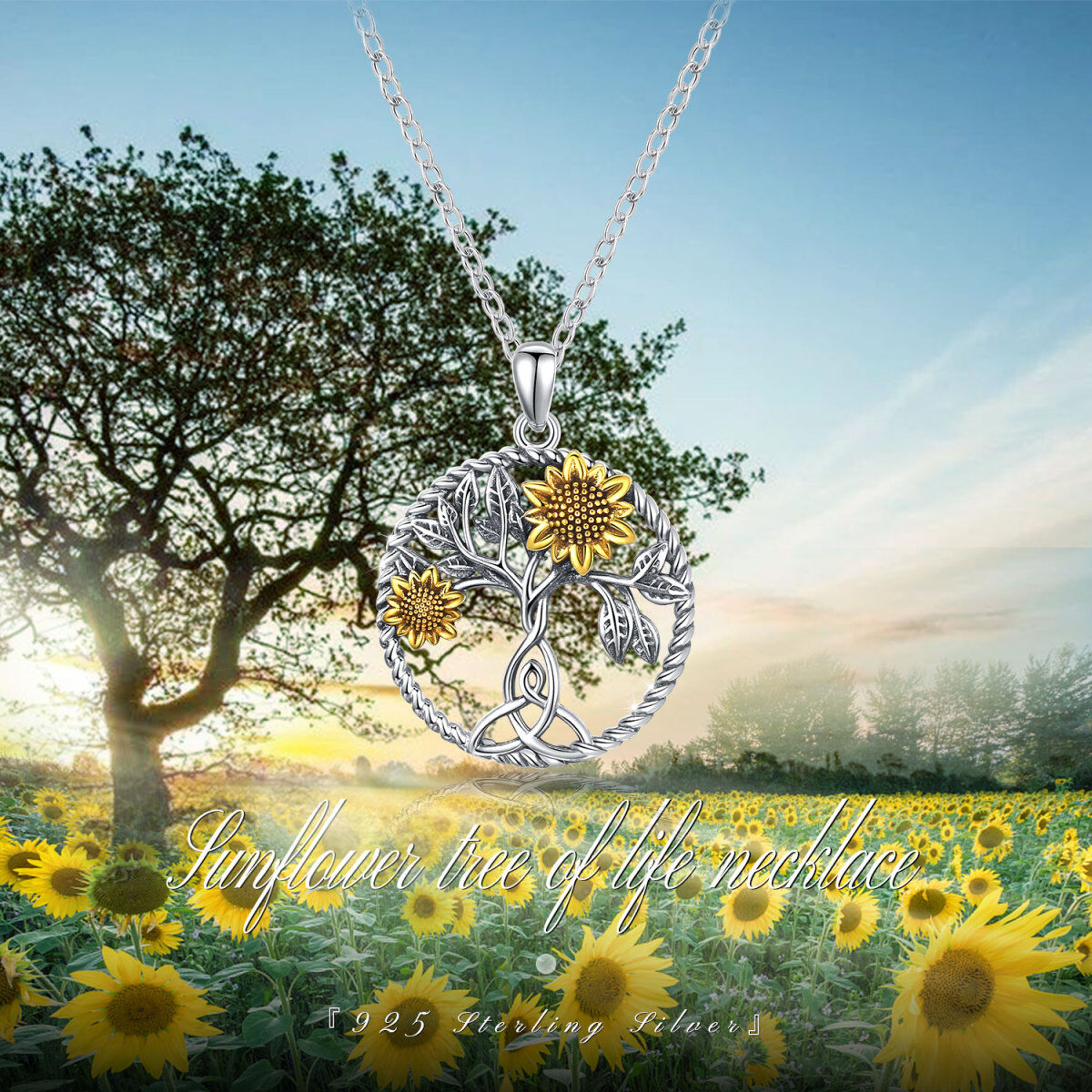 Sterling Silver Two-tone Sunflower & Celtic Knot Pendant Necklace-4