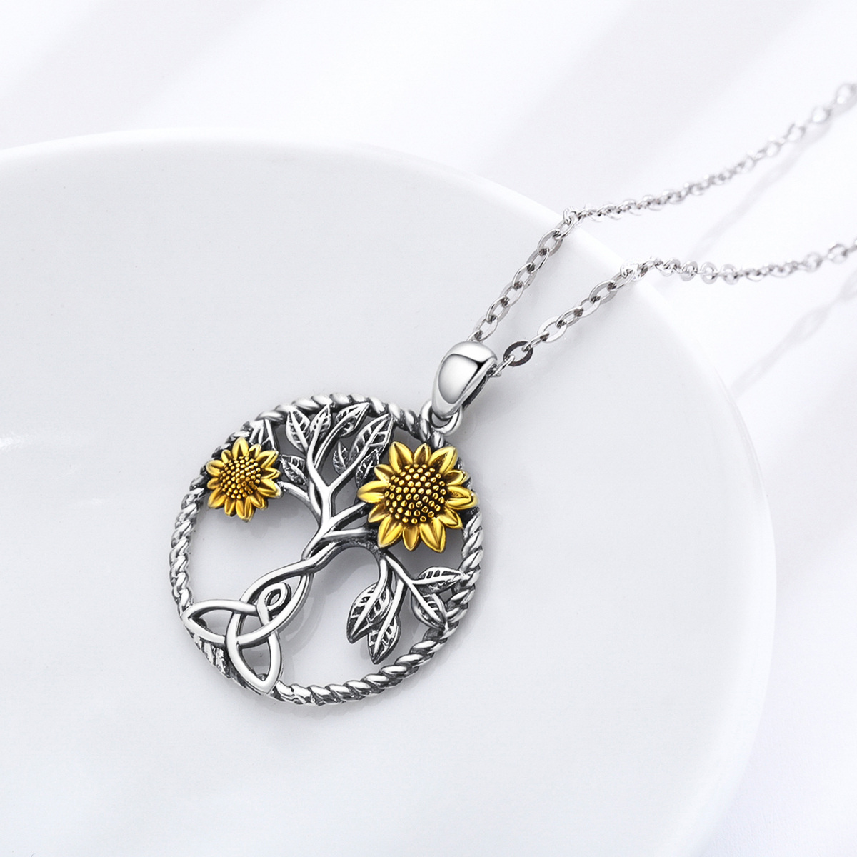 Sterling Silver Two-tone Sunflower & Celtic Knot Pendant Necklace-5