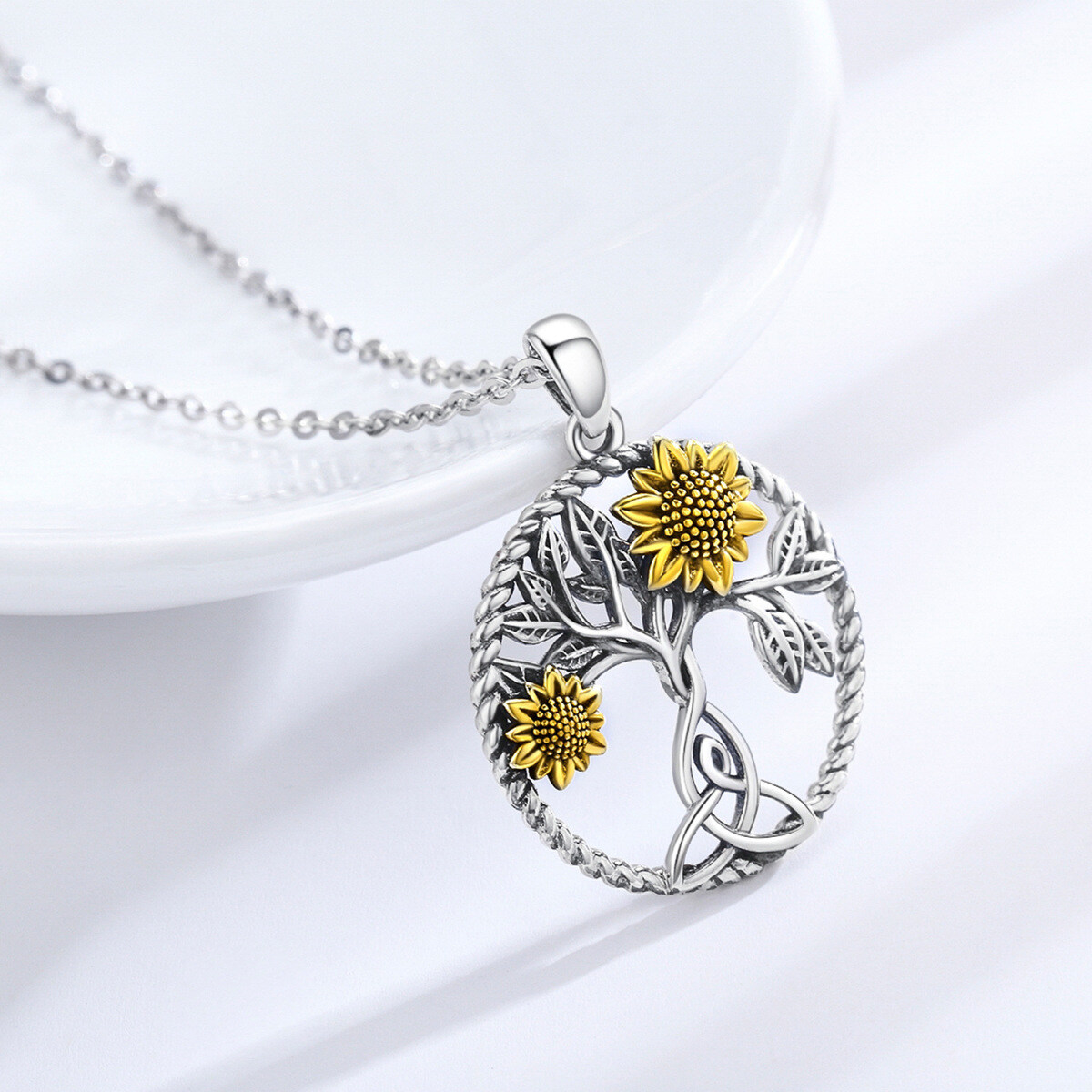 Sterling Silver Two-tone Sunflower & Celtic Knot Pendant Necklace-6