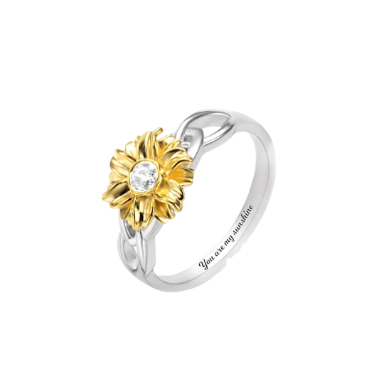 Anello in argento sterling bicolore con girasole circolare a forma di zircone con incisione personalizzata