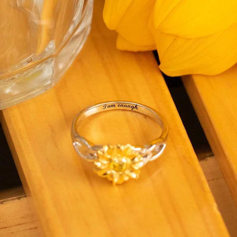 Sterling Silver Two-tone Sunflower Round Shaped Cubic Zirconia Personalized Engraving Birthstone Ring-3