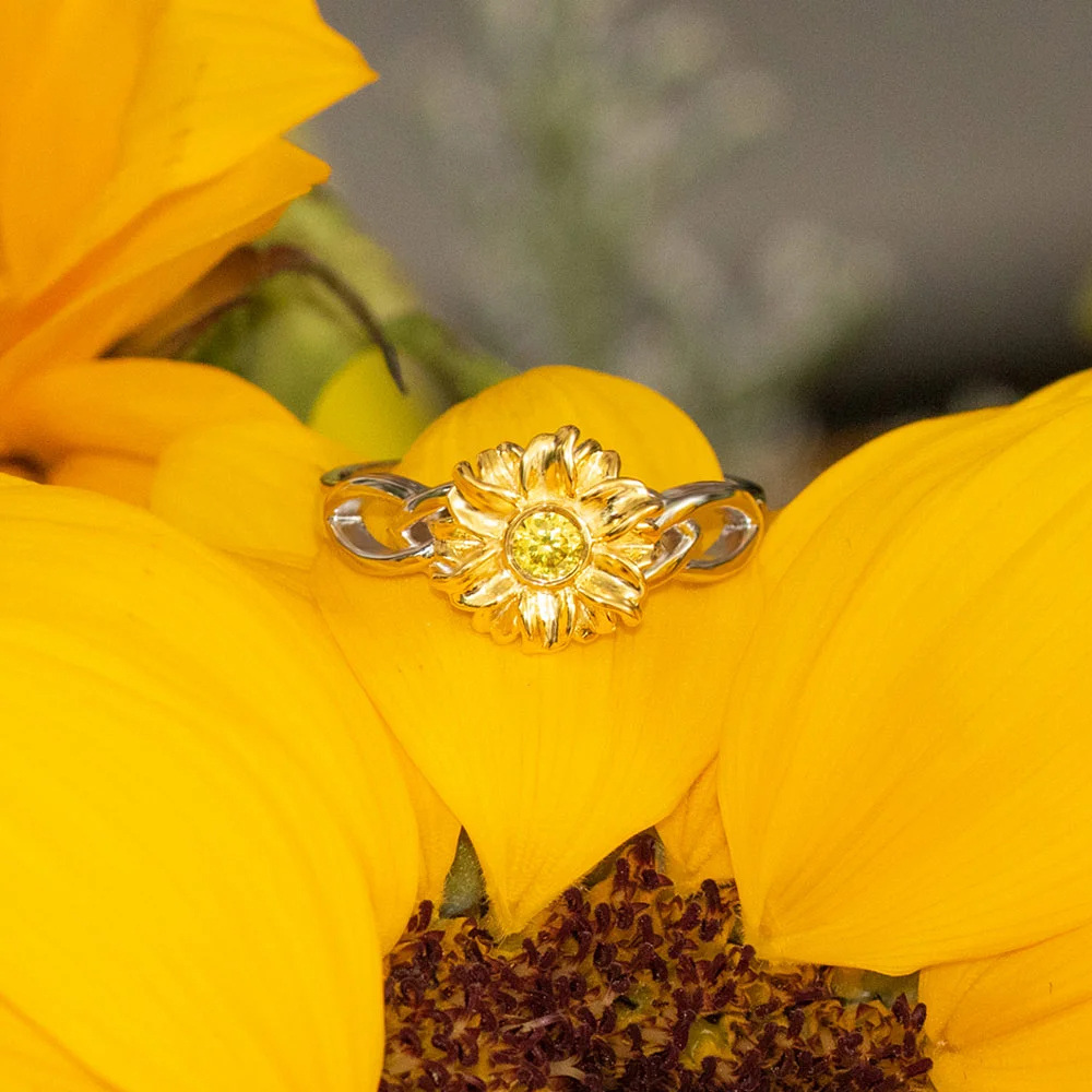 Sterling Silver Two-tone Sunflower Circular Shaped Cubic Zirconia Personalized Engraving Birthstone Ring-4