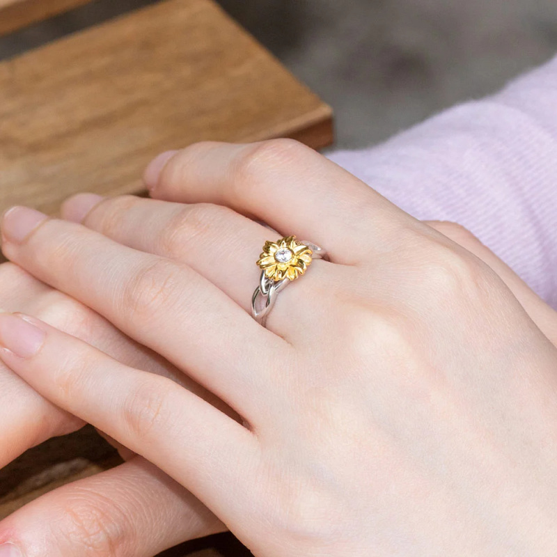 Sterling Silver Two-tone Sunflower Round Shaped Cubic Zirconia Personalized Engraving Birthstone Ring-5