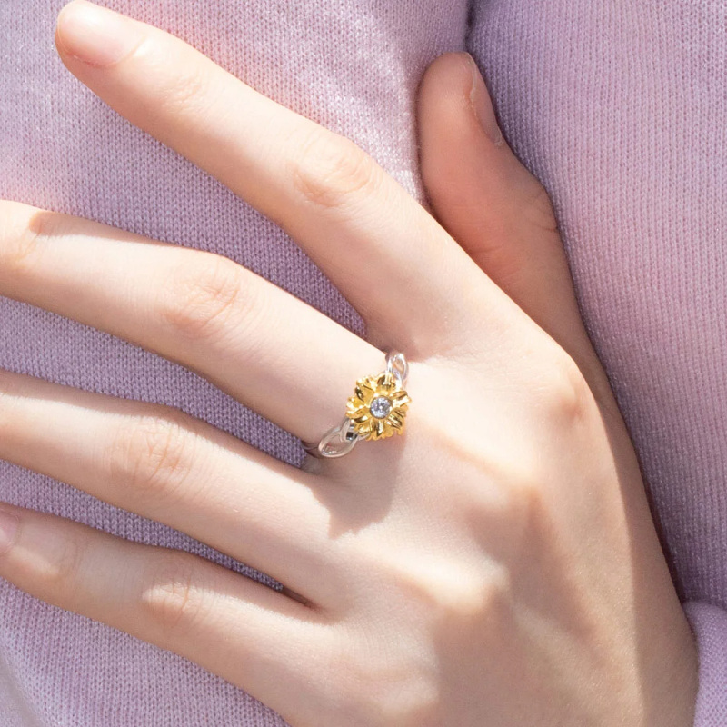 Sterling Silver Two-tone Sunflower Round Shaped Cubic Zirconia Personalized Engraving Birthstone Ring-6