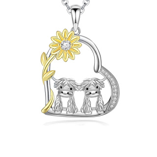 Sterling Silver Two-tone Sunflower Couple Highland Cow Heart Pendant Necklace-28