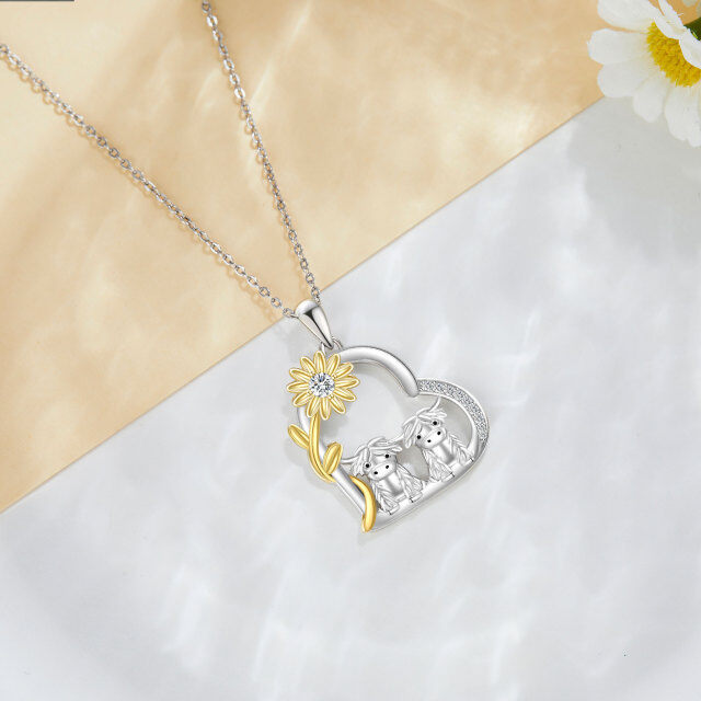 Collier en argent sterling avec pendentif en forme de coeur en forme de couple de tournesol et de vache des Highlands-3