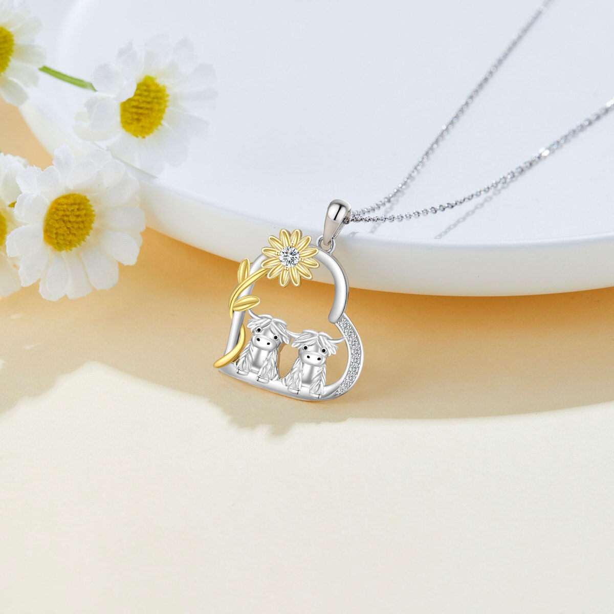 Plata de ley de dos tonos Girasol Pareja Highland Vaca Collar Colgante Corazón-4