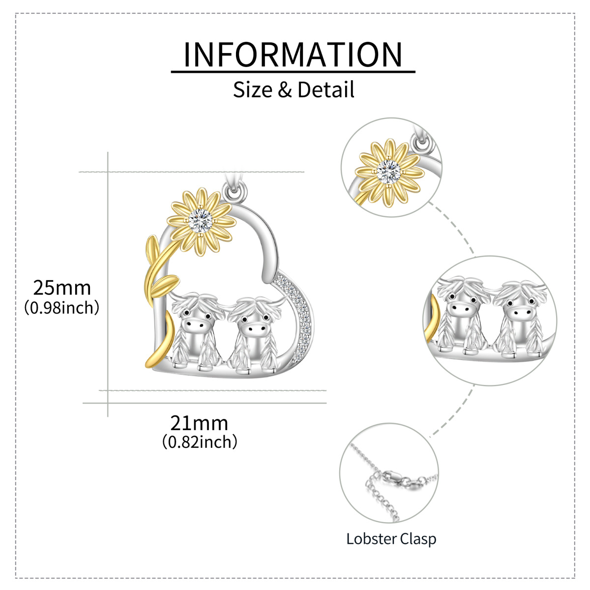 Sterling Silber zweifarbig Sonnenblume Paar Hochland Kuh Herz Anhänger Halskette-5