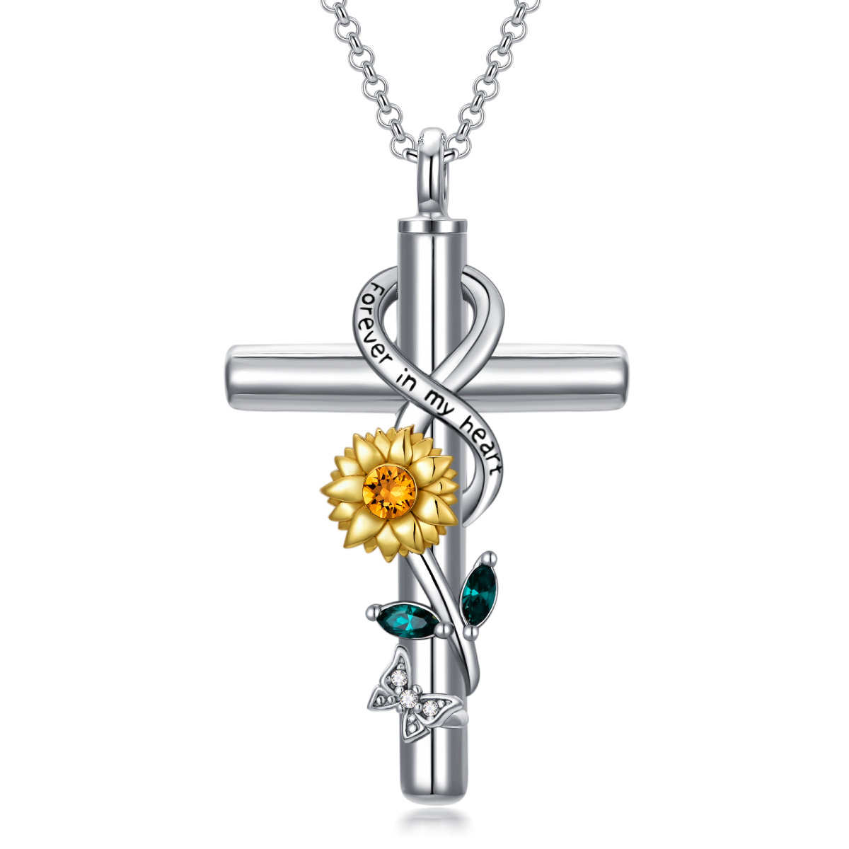 Sterling Silver Two-tone Cubic Zirconia Sunflower & Cross & Infinity Symbol Urn Necklace for Ashes with Engraved Word-1