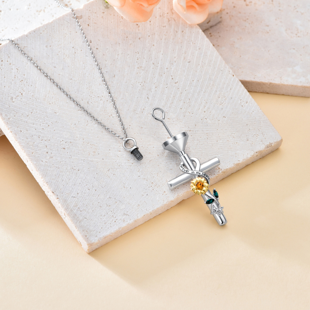 Sterling Silver Two-Tone Sunflower With Cross With Butterfly With Infinity Symbol Urn Necklace For Ashes With Engraved Word For Women-4