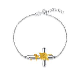 Sterling Silver Two-tone Sunflower & Cross Pendant Bracelet-4