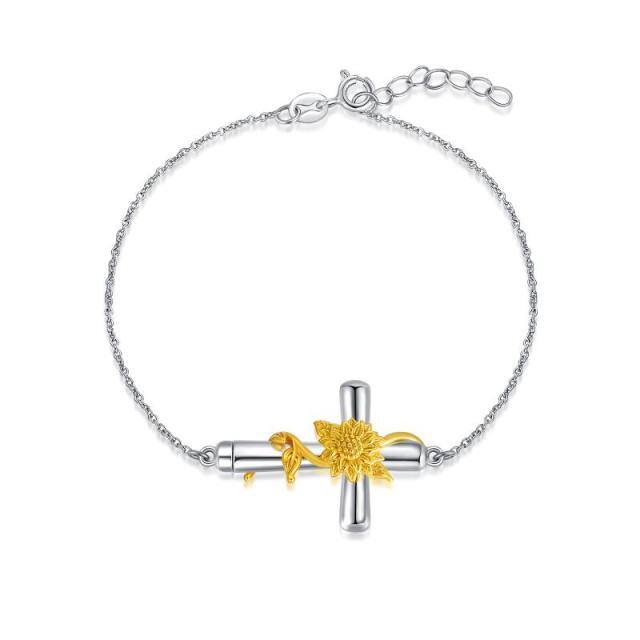 Sterling Silber zweifarbig Sonnenblume & Kreuz Anhänger Armband