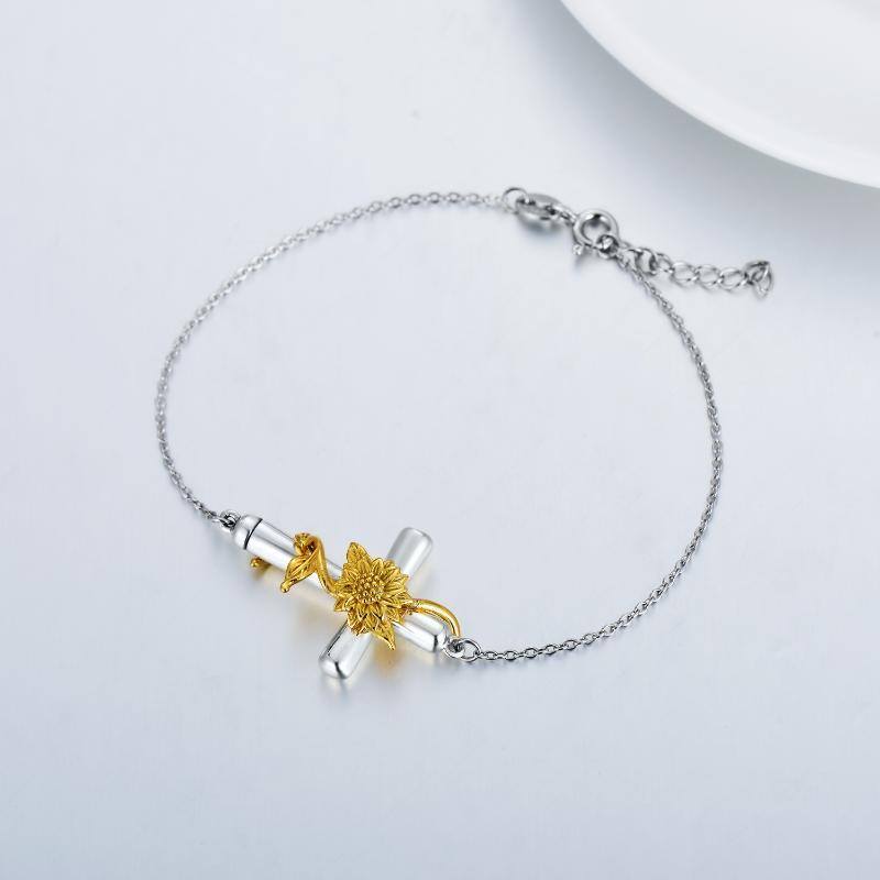 Sterling Silver Two-tone Sunflower & Cross Charm Bracelet-3