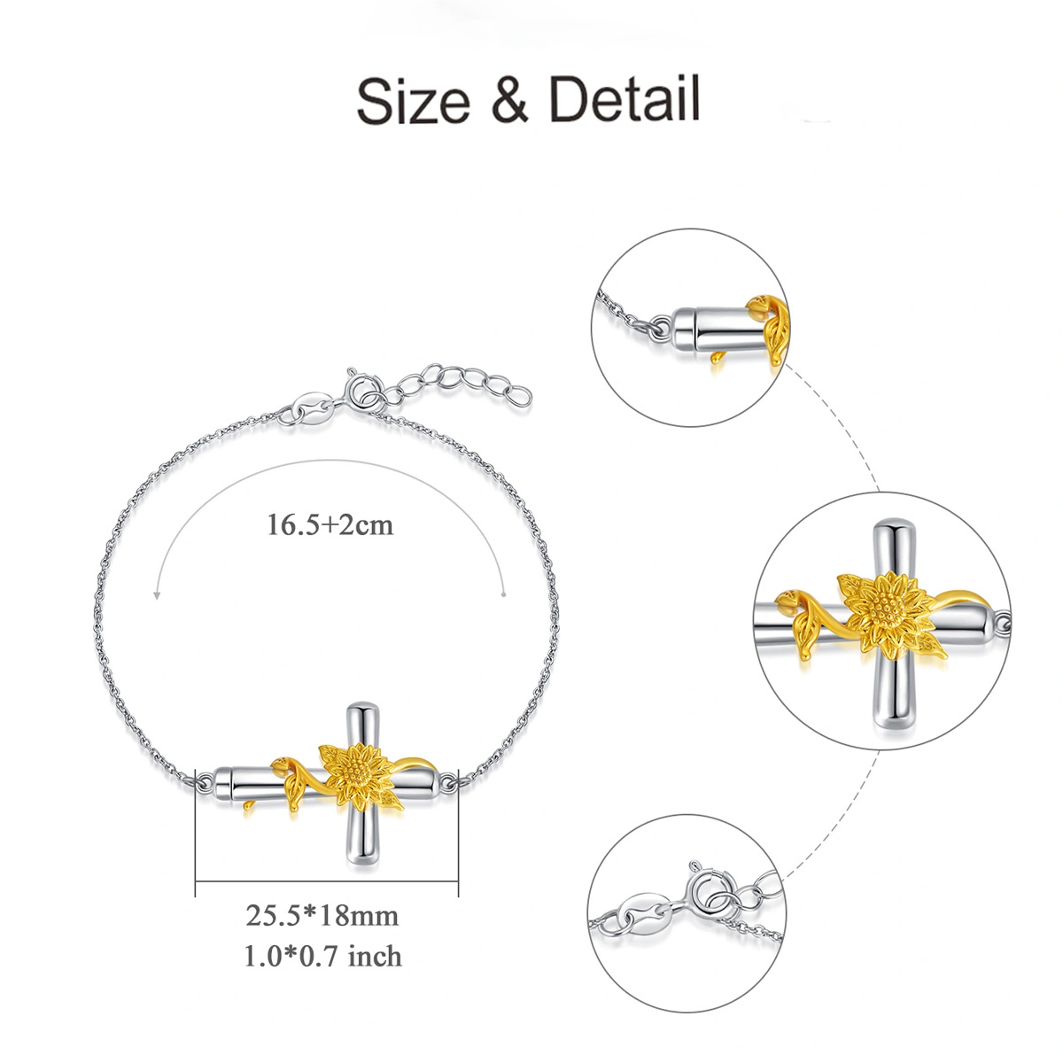 Sterling Silver Two-tone Sunflower & Cross Charm Bracelet-5