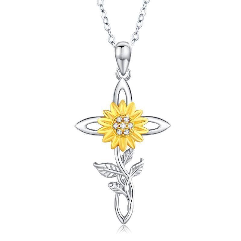 Collar Colgante Girasol y Cruz de Plata de Ley Bicolor con Circonitas Cúbicas-1