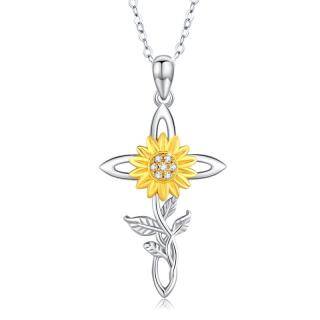 Sterling Silver Two-tone Cubic Zirconia Sunflower & Cross Pendant Necklace-37