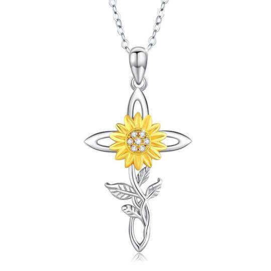 Sterling Silber zweifarbig Zirkonia Sonnenblume & Kreuz Anhänger Halskette