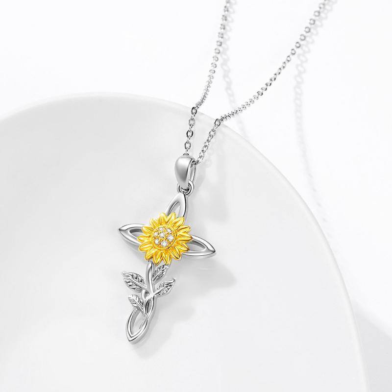 Sterling Silver Two-tone Cubic Zirconia Sunflower & Cross Pendant Necklace-4