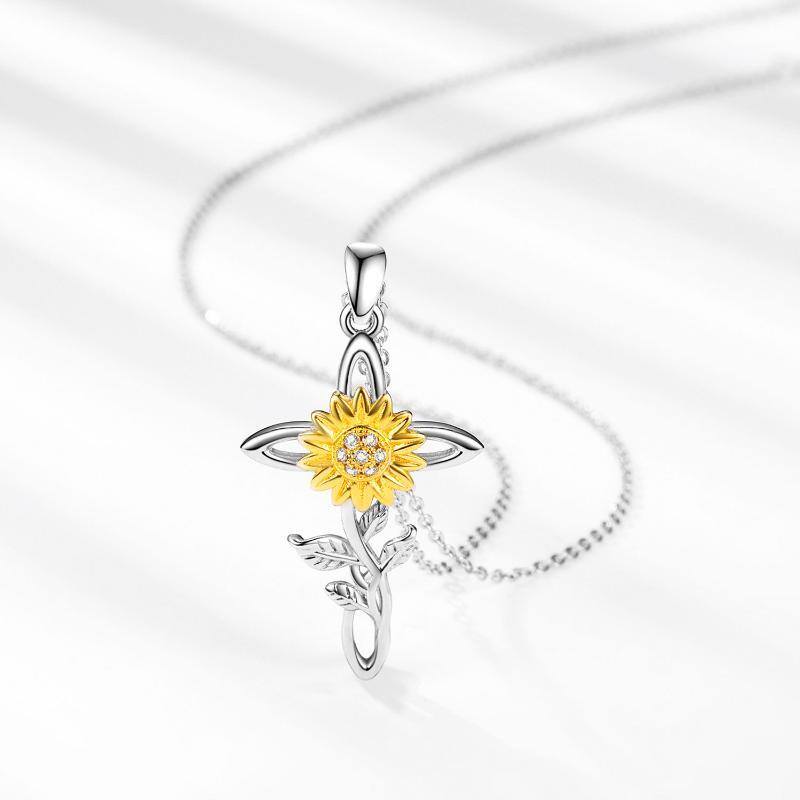 Sterling Silver Two-tone Cubic Zirconia Sunflower & Cross Pendant Necklace-5