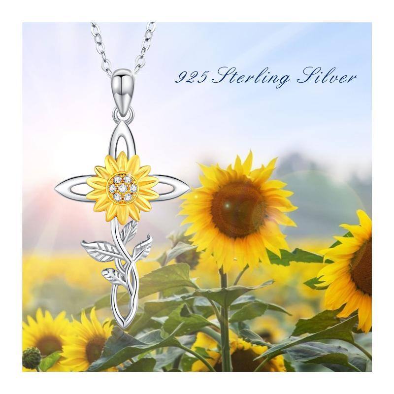 Sterling Silver Two-tone Cubic Zirconia Sunflower & Cross Pendant Necklace-6