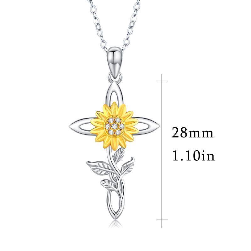 Sterling Silver Two-tone Cubic Zirconia Sunflower & Cross Pendant Necklace-7